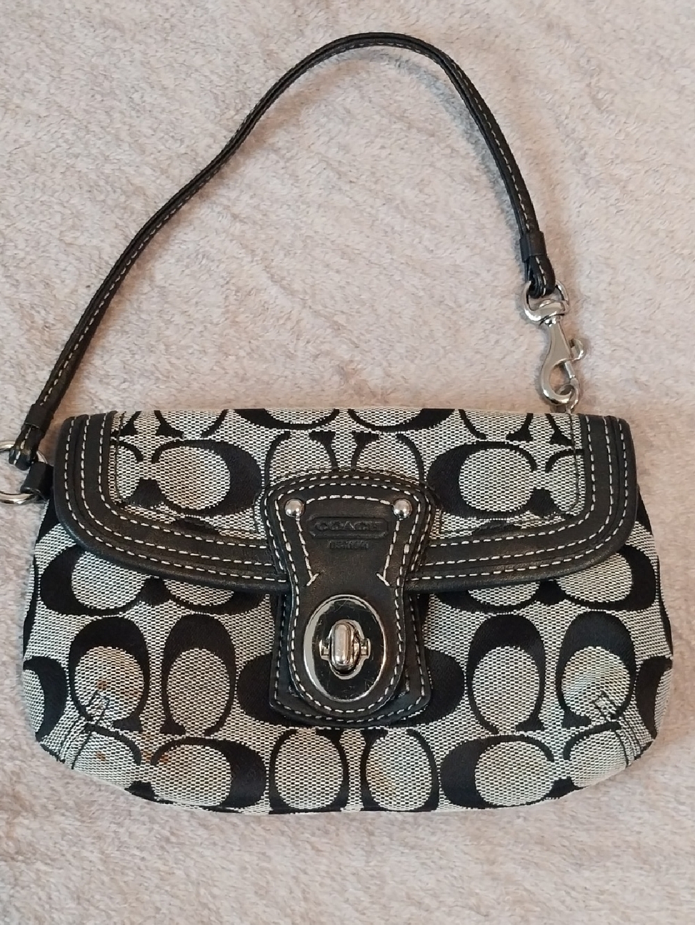 Coach Black and Cream Signature Canvas Wristlet with Turn-Lock